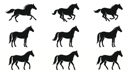 Obraz premium Running horse silhouettes in dynamic motion sequence on white background minimalist style
