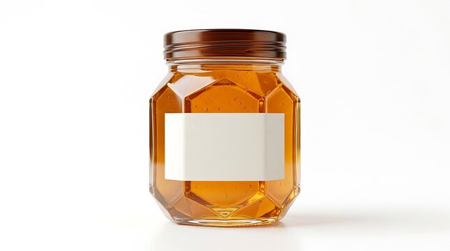 Golden liquid honey in clear hexagonal glass jar with blank white label for branding and product design mockup, isolated on clean white background