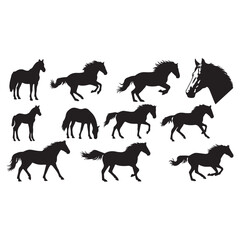 Obraz premium Black Horse Silhouettes, Vector Horses, Equine Icons, 10 Silhouette Set
