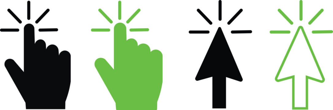 Computer mouse click hand cursor icon set with green and black arrows on white background