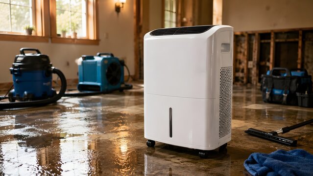 White portable dehumidifier on wet floor in indoor restoration room with cleaning equipment for water damage repair humidity control flood cleanup moisture removal and professional home maintenance