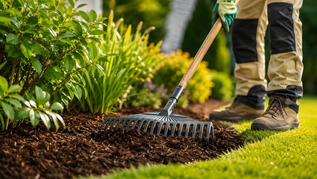 Gardener raking fresh mulch beside green lawn and plants in sunny backyard landscape maintenance scene for professional landscaping yard care garden improvement soil covering and outdoor home renovati