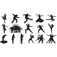 Obraz premium Black silhouette dance icons, vector dancer poses, ballet and contemporary movements, 16 action figures