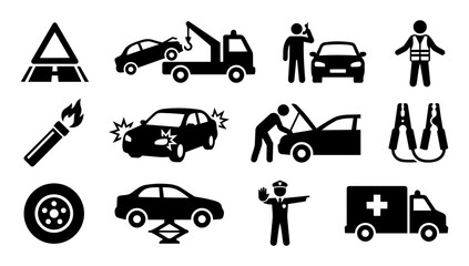 Naklejka premium Roadside Assistance and Accident Safety Silhouette Icons Set