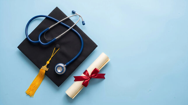 Black graduation cap with a medical stethoscope and rolled degree certificate arranged neatly on a blue background