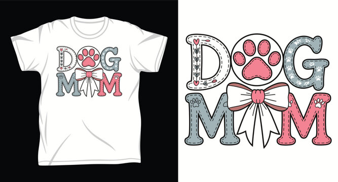 Dog mom typography design with paw print and ribbon bow for pet lovers.
