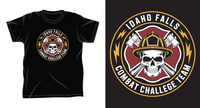 Firefighter skull emblem with axes and helmet for idaho falls combat challenge team.