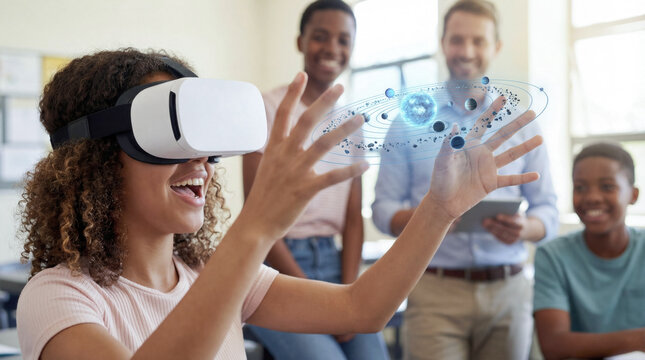 Student using VR headset exploring interactive solar system in classroom