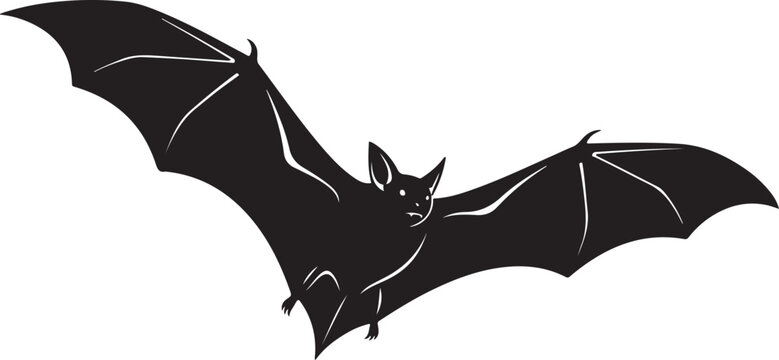 Black bat flying silhouette vector, spooky halloween animal illustration, nocturnal flying mammal icon isolated on white background