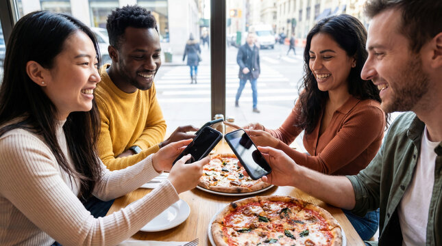 Friends using smartphone payments at lunch, showing how digital finance fits naturally into everyday routines.