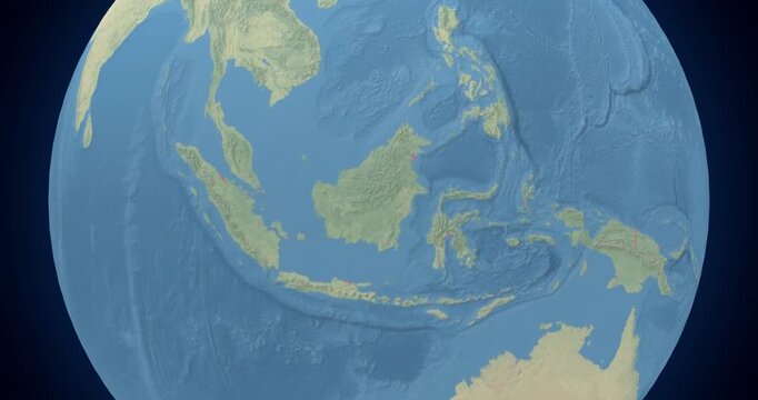 Indonesia on Globe. Zoom into the country with Earth spinning on dark background. Physical world map with Indonesia and label on it. Country view animation.