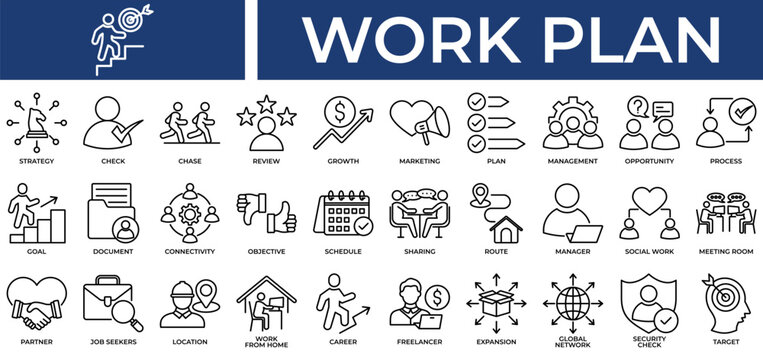 Work Plan icon set collection. Containing partner, connectivity, review, sharing, inspection, opportunity, decision .Line vector icons collection