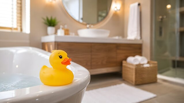 Yellow rubber duck floating on white bathtub edge in modern bathroom interior with soft natural light playful bath time decor family hygiene relaxation and clean spa inspired home lifestyle scene