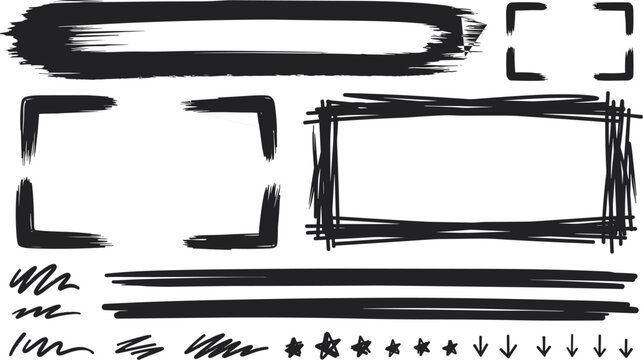 Black ink brush strokes frame borders and scribble textures set for artistic banner backgrounds vector graphic design assets
