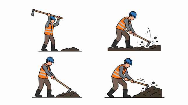 A four-panel illustration depicting a construction worker or gardener using a hoe to dig and cultivate soil, showing the sequence of the digging process.