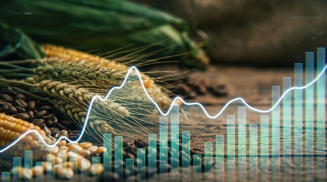 Agricultural commodities market price growth data chart with wheat corn coffee beans concept of global trade inflation food supply chain grain investment futures stock trading