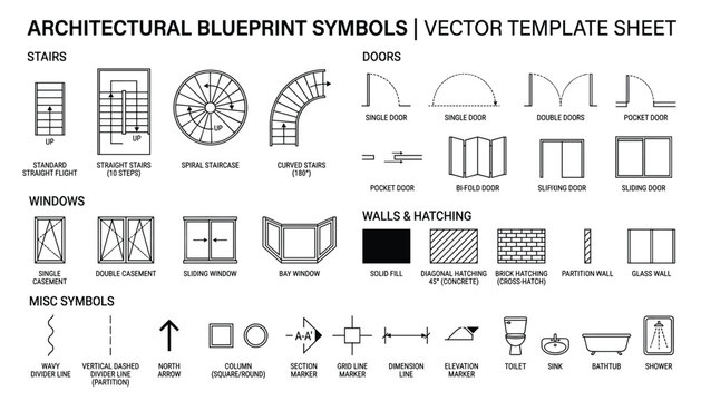 Architectural blueprint symbols including stairs, doors, windows, walls, and misc icons.