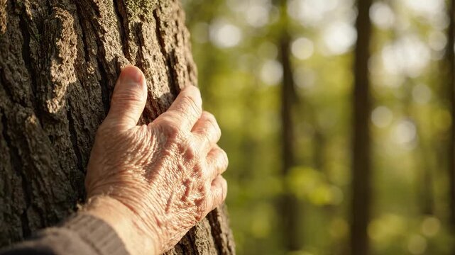 Elderly Hand Gently Touching Tree Bark in Forest