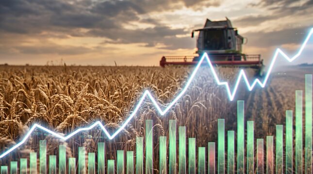 Combine harvester in wheat field with glowing financial data chart overlay. Agribusiness grain market price increase concept. Agriculture commodity trading revenue trends.