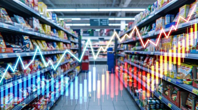 Supermarket aisle background with glowing financial stock market charts and candlestick graphs representing food price inflation,grocery retail cost and consumer economy trends.