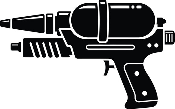 Black silhouette of a futuristic ray gun on white background, sci-fi symbol futuristic gun sci-fi black silhouette