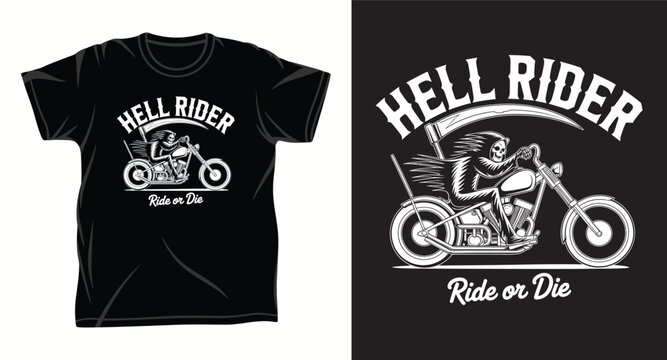 Hell rider grim reaper on motorcycle chopper with scythe vector t shirt design.