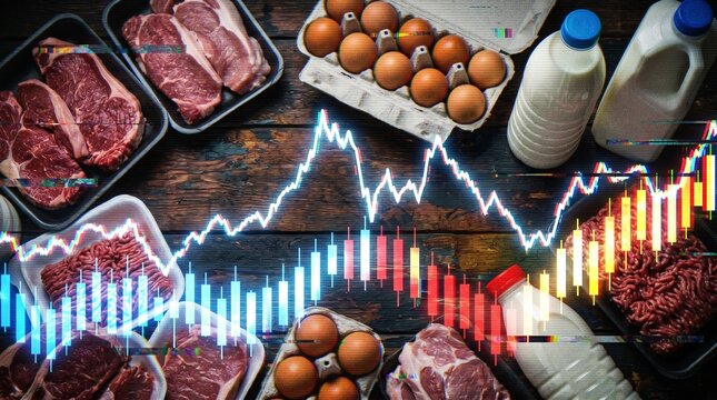 Fresh food products on wooden table with rising financial stock market candlestick charts symbolizing global food price inflation,grocery cost crisis and commodity trade economy.