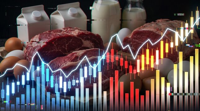 Fresh raw beef meat steaks with milk and eggs backgrounded by digital financial charts. Concept of agribusiness market inflation, food price growth and commodities trading.
