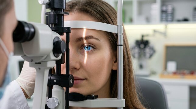 Professional eye examination of young female patient using slit lamp device in clinic. Ophthalmologist or optometrist checking vision health, cornea and blue eyes with medical technology.