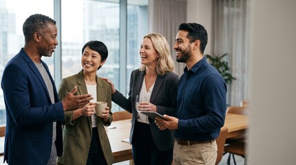 Obraz premium Happy diverse business team talking with digital tablet in modern office. Successful multiethnic corporate colleagues laughing together at meeting. Startup lifestyle concept.