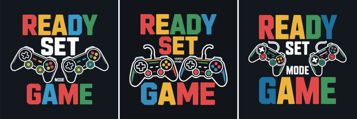 Colorful gaming typography designs featuring controllers on a dark background © Vectyx