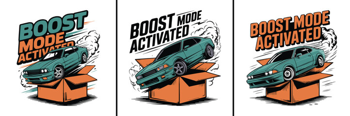 Retro style illustration showing a fast car jumping from cardboard box © Vectyx