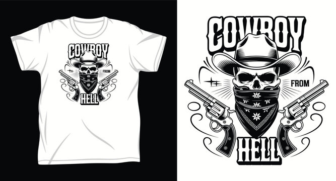 Cowboy from hell skull wearing hat and bandana with crossed revolvers vector illustration.
