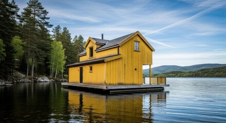 Obraz premium Unique Yellow Floating House on Calm Lake Surrounded by Lush Green Forest.