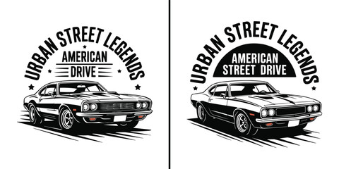 Vintage muscle car illustration with bold urban street legends typography design © Vectyx
