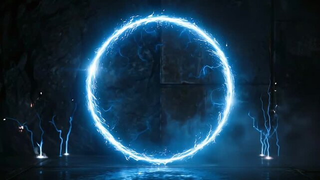 Glowing blue circle with lightning and smoke in a dark room with mysterious ambiance and bright light video