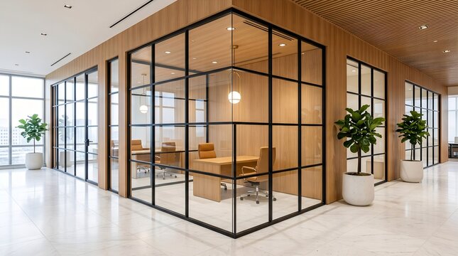 A modern office interior with a glass meeting room and plants in a well-lit spacious environment with furniture.