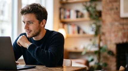 Naklejka premium Smiling young Caucasian man working on laptop at cozy home office or cafe, cheerful male freelancer typing on computer, digital nomad studying online remote work education.