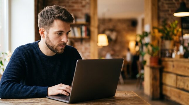 Focused young Caucasian man with beard working on laptop in cozy cafe remote work and freelance concept commercial professional marketing background