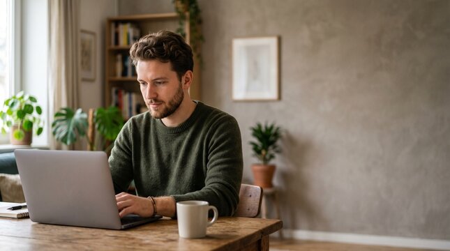 Focused young Caucasian man with beard working on laptop at desk, serious male remote freelancer typing on computer in home office, entrepreneur studying online education.