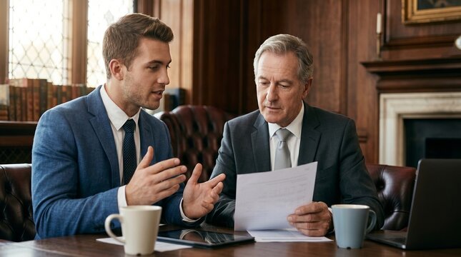 Young businessman explaining financial document to senior boss in office. Financial advisor consulting older client. Executive teamwork and mentoring corporate concept.