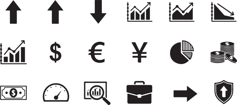 Financial business icon set with 18 black vector symbols, economy growth charts and currency signs, professional stock market data graphics