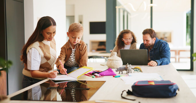 Homework, help or children in kitchen with parents, support or knowledge in homeschool activity. Childcare, education and family in house with tech, guidance or bonding together in distance learning.