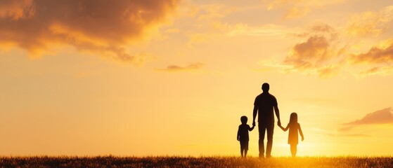 Fototapeta premium Father and children walking hand in hand at sunset outdoor scene family bonding nature warm atmosphere