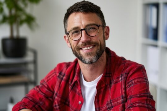The smiling man in a red plaid shirt in a modern home office setting