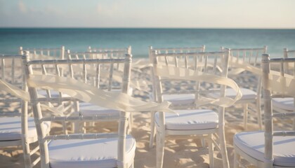 Obraz premium Elegant white beach wedding chairs with ribbons gently blowing in the wind on a sunny sandy shore, perfect for a romantic tropical destination marriage ceremony concept
