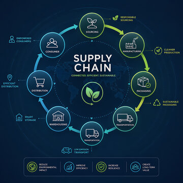 The supply chain process involves planning, sourcing, production, logistics, and distribution
