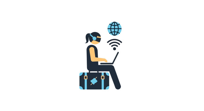 Woman sitting with laptop and suitcase.