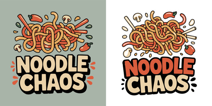 Fun cartoon illustration featuring tangled noodles and spicy chili pepper ingredients