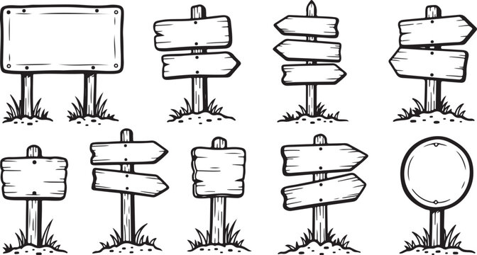 Hand drawn wooden signpost collection, rustic wood directional signs in sketch style, set of 9 blank timber road sign vectors for navigation